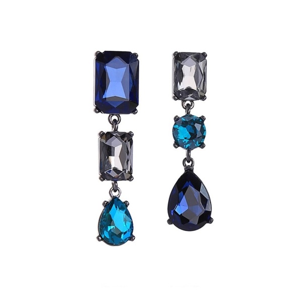 Blue Crystal Asymmetrical Drop Earrings - Picture 1 of 1